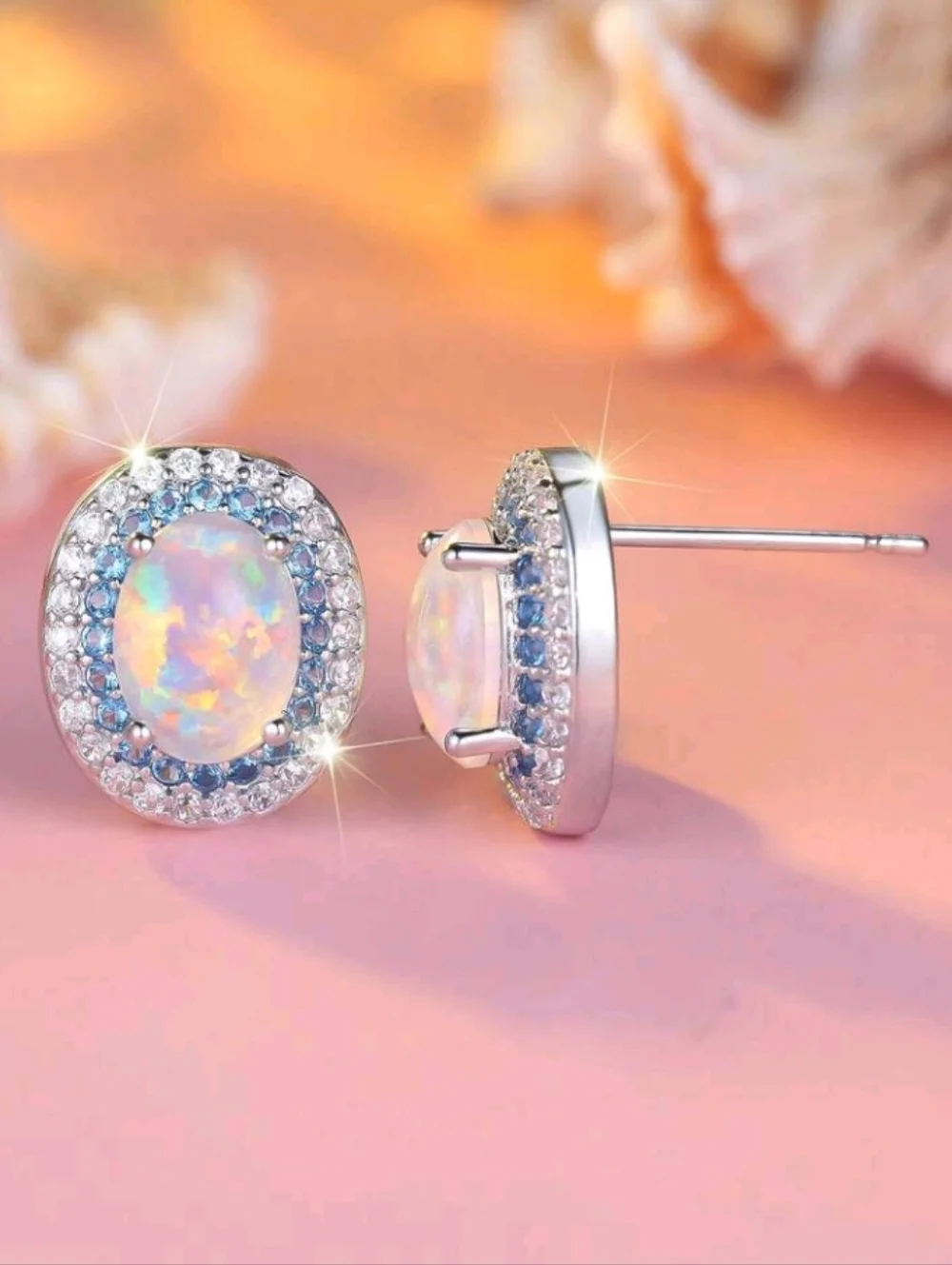 Dainty Opal Halo Iridescent Stud Earrings Iridescent Opal & Blue Clear Accents